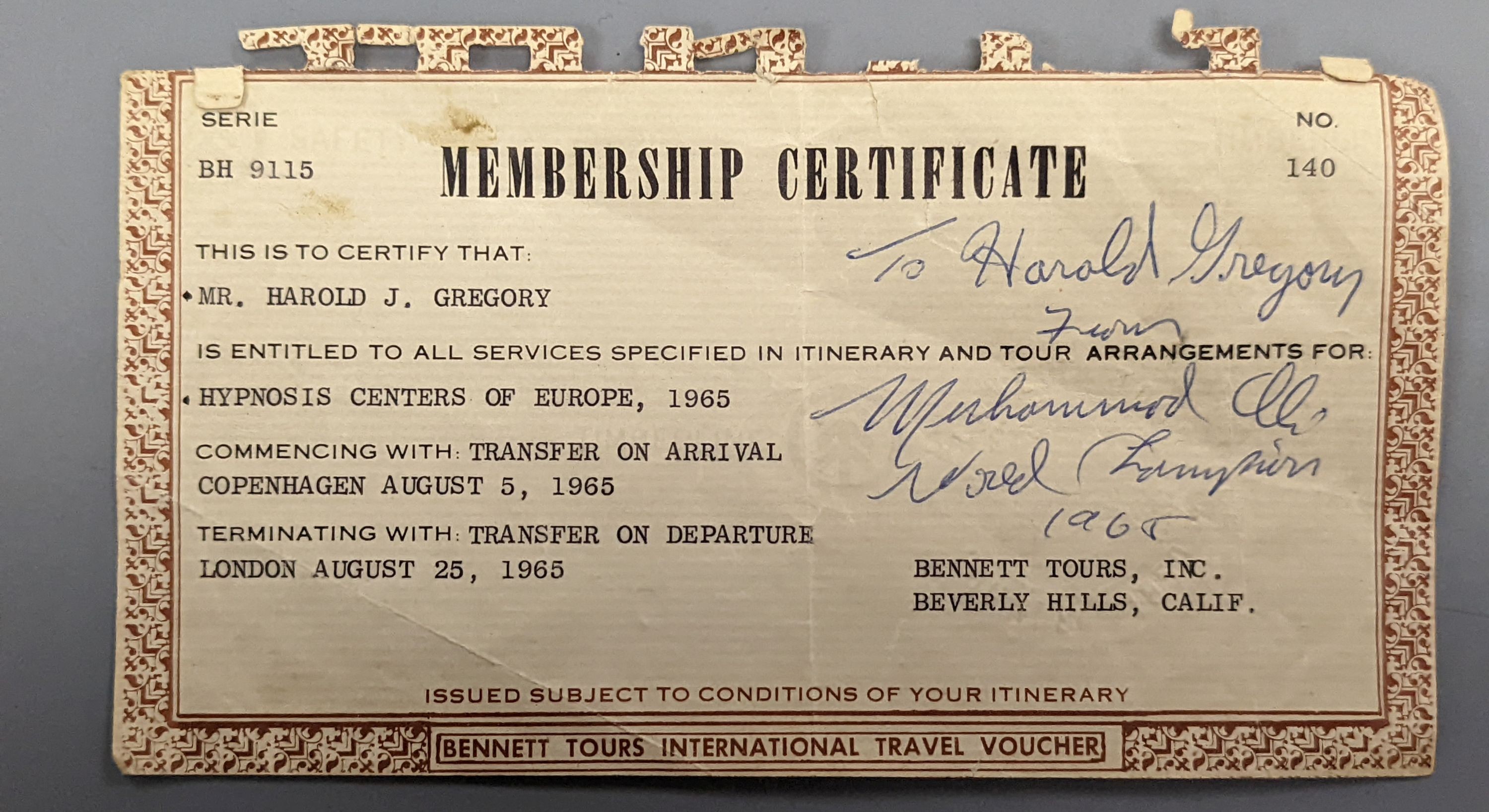 A membership certificate for hypnosis centers of Europe, signed by Muhammad Ali, 1965. Provenance: vendor was given autograph by Mr. Harold J. Gregory.